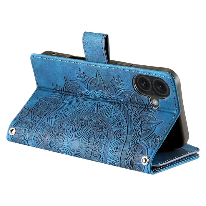 Style 006 For iPhone 16 Plus Case Mandala Flower Pattern PU Leather Zipper Wallet Phone Cover - Blue - 4