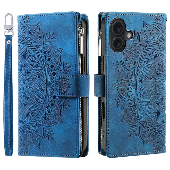 Style 006 For iPhone 16 Plus Case Mandala Flower Pattern PU Leather Zipper Wallet Phone Cover - Blue - 7