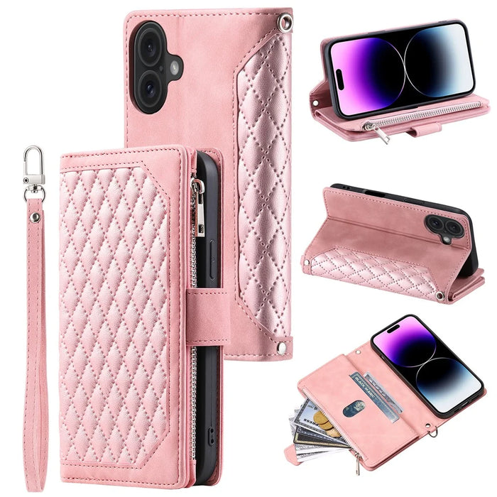 Style 005 For iPhone 16 Plus Case Rhombus Stitching Line PU Leather Zipper Wallet Phone Cover - Rose Gold - 1