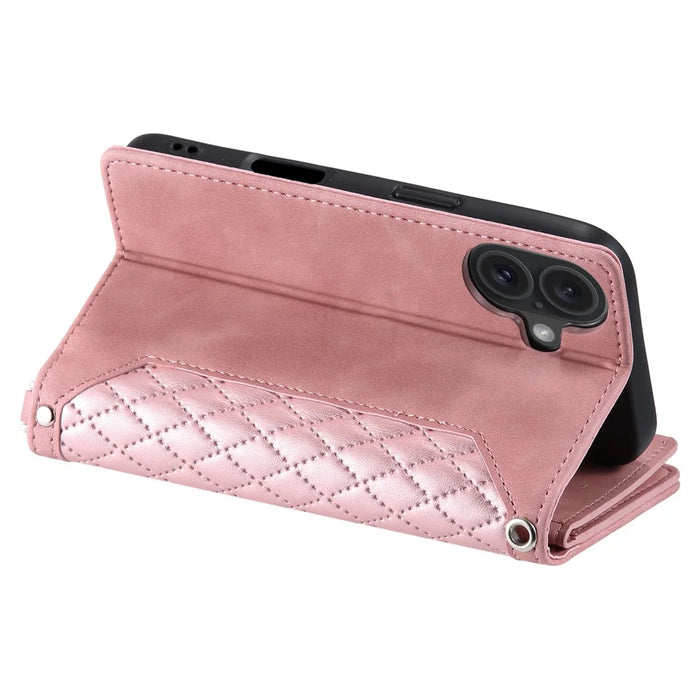 Style 005 For iPhone 16 Plus Case Rhombus Stitching Line PU Leather Zipper Wallet Phone Cover - Rose Gold - 4