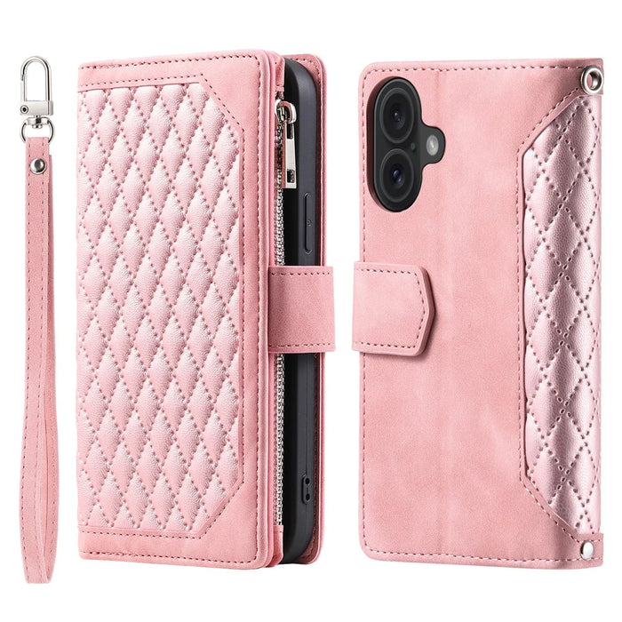 Style 005 For iPhone 16 Plus Case Rhombus Stitching Line PU Leather Zipper Wallet Phone Cover - Rose Gold - 6