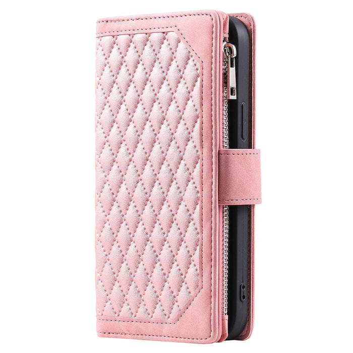 Style 005 For iPhone 16 Plus Case Rhombus Stitching Line PU Leather Zipper Wallet Phone Cover - Rose Gold - 7