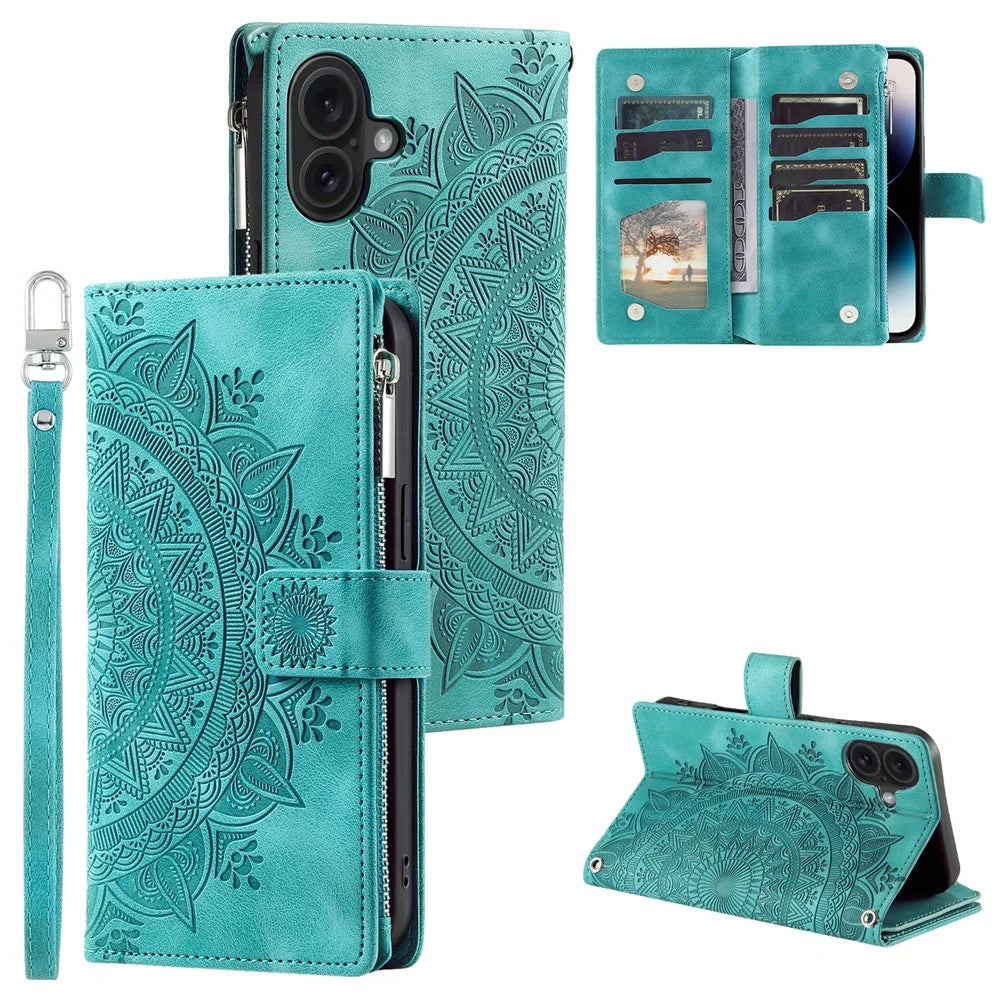 Style 006 For iPhone 16 Case PU Leather Wallet Phone Cover Mandala Flower Pattern - Mint Green - 1