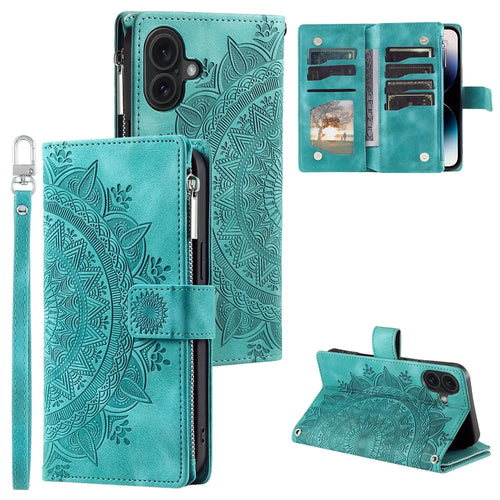 Style 006 For iPhone 16 Case PU Leather Wallet Phone Cover Mandala Flower Pattern - Mint Green - 1