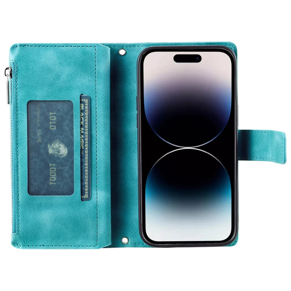 Style 006 For iPhone 16 Case PU Leather Wallet Phone Cover Mandala Flower Pattern - Mint Green - 2