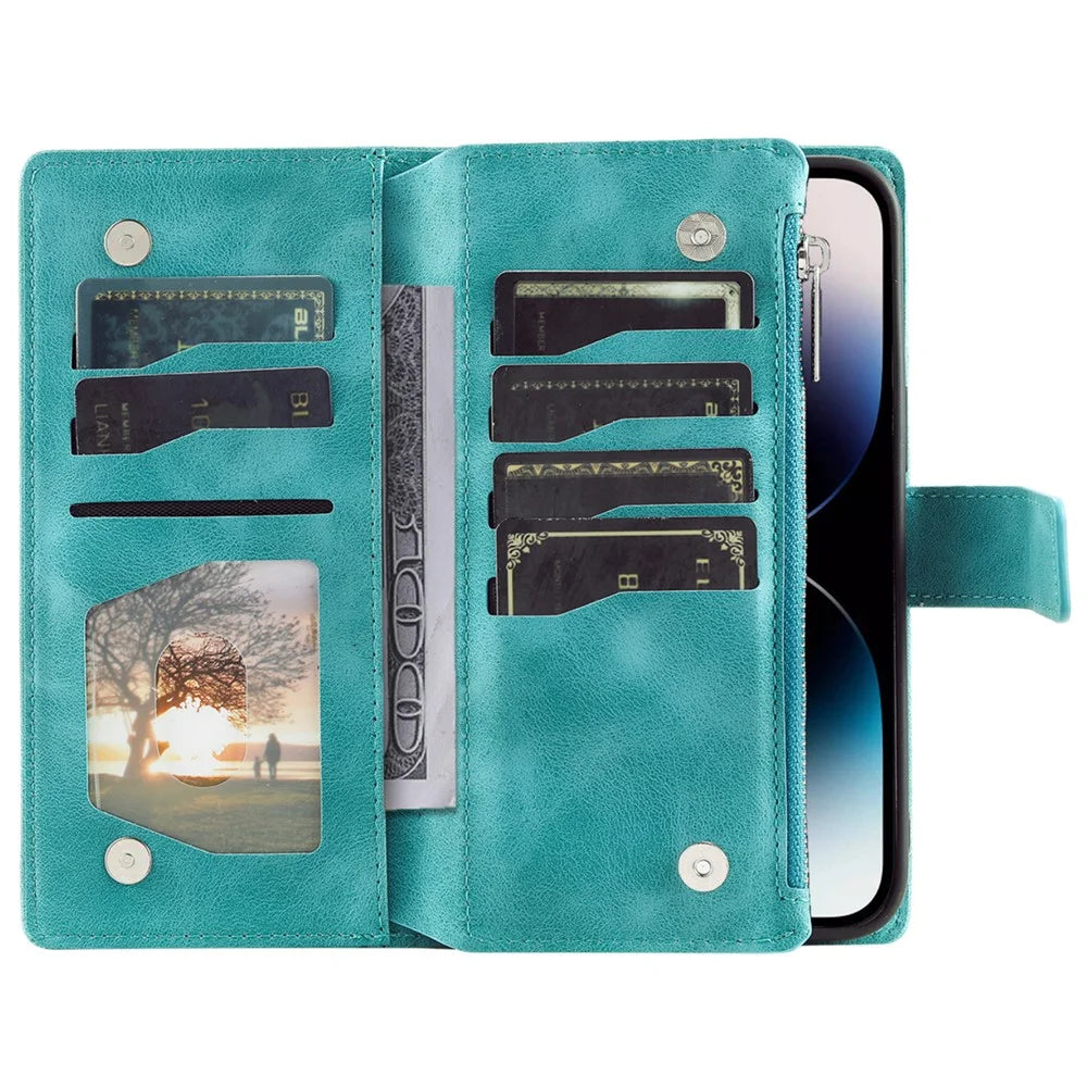 Style 006 For iPhone 16 Case PU Leather Wallet Phone Cover Mandala Flower Pattern - Mint Green - 3