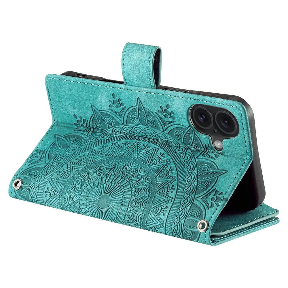Style 006 For iPhone 16 Case PU Leather Wallet Phone Cover Mandala Flower Pattern - Mint Green - 4