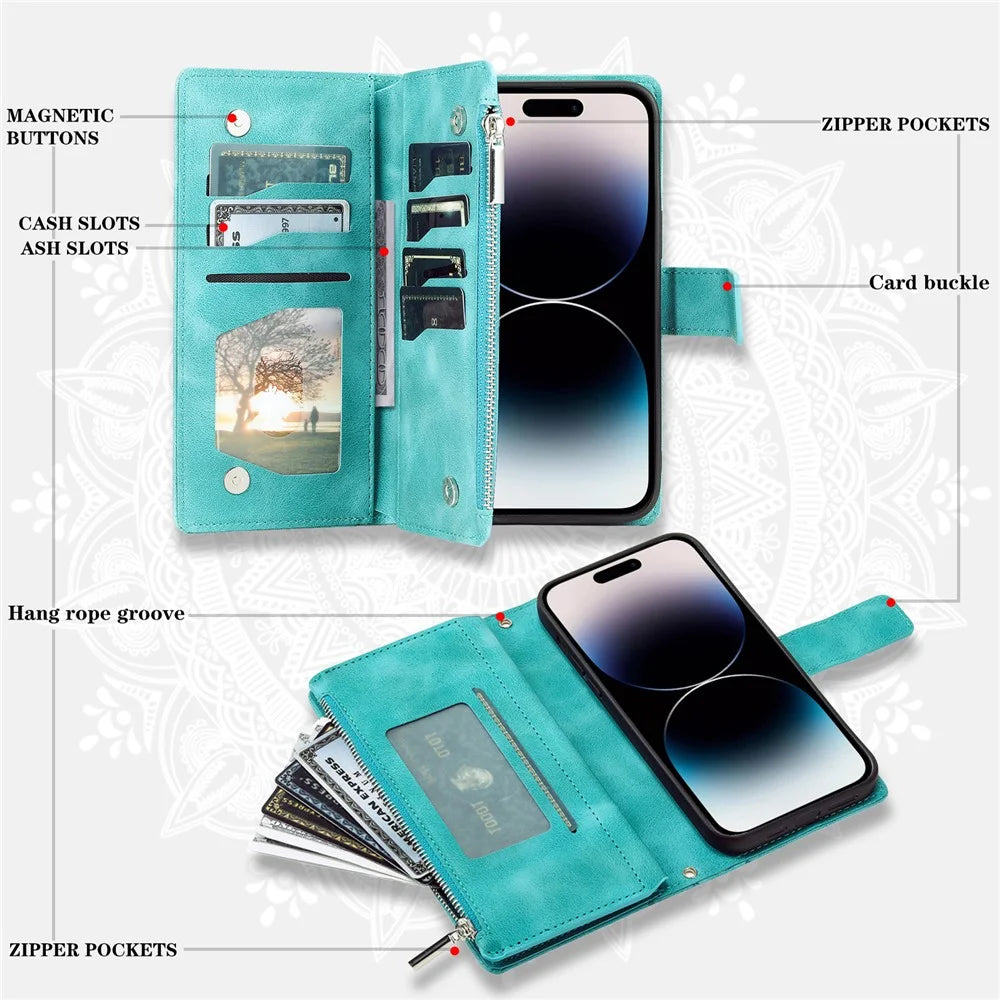 Style 006 For iPhone 16 Case PU Leather Wallet Phone Cover Mandala Flower Pattern - Mint Green - 5