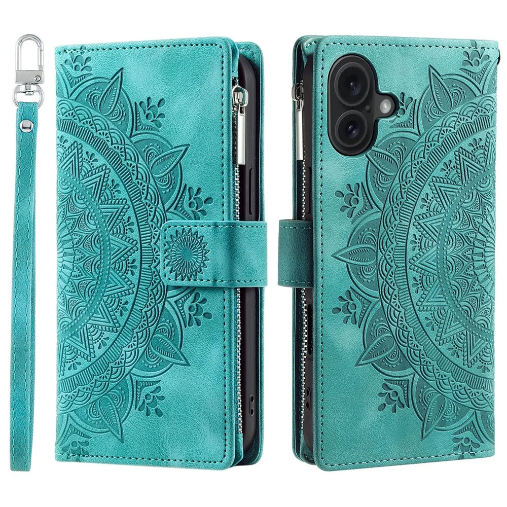 Style 006 For iPhone 16 Case PU Leather Wallet Phone Cover Mandala Flower Pattern - Mint Green - 7