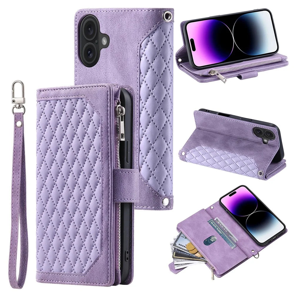 Style 005 For iPhone 16 Case PU Leather Wallet Phone Cover Rhombus Stitching Line - Purple - 1