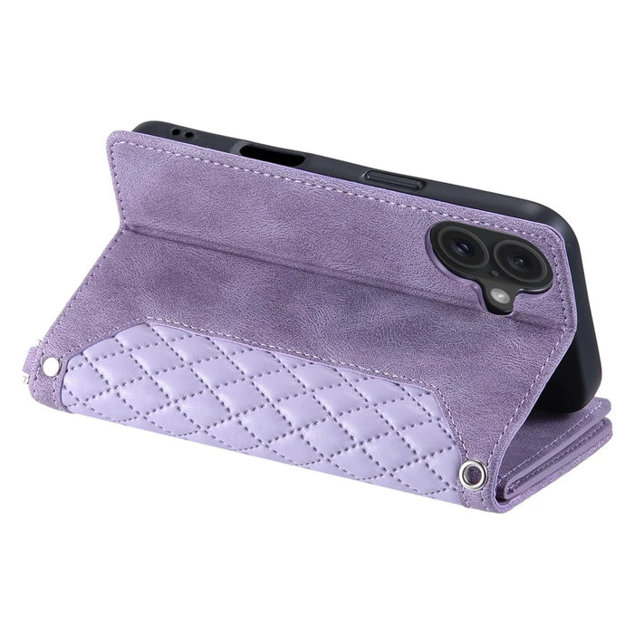 Style 005 For iPhone 16 Case PU Leather Wallet Phone Cover Rhombus Stitching Line - Purple - 4