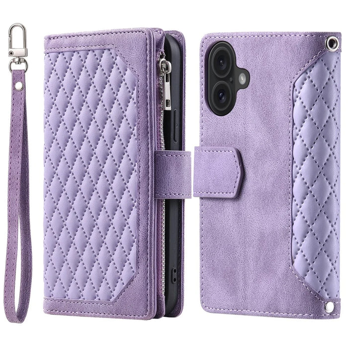 Style 005 For iPhone 16 Case PU Leather Wallet Phone Cover Rhombus Stitching Line - Purple - 6