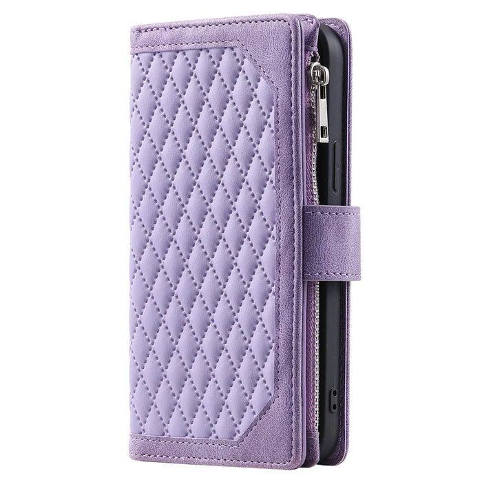 Style 005 For iPhone 16 Case PU Leather Wallet Phone Cover Rhombus Stitching Line - Purple - 7