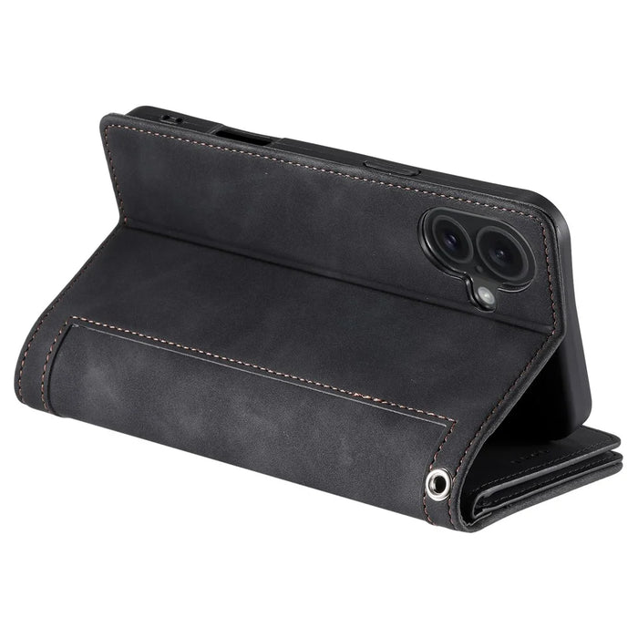 For iPhone 16 Plus Case Zipper Pocket 9 Card Slots PU Leather Phone Cover - Black - 4