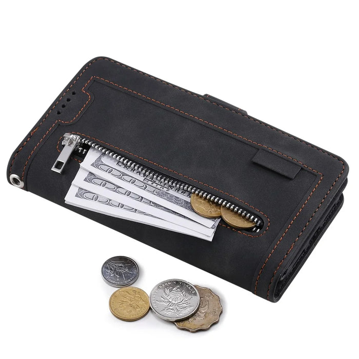For iPhone 16 Plus Case Zipper Pocket 9 Card Slots PU Leather Phone Cover - Black - 5