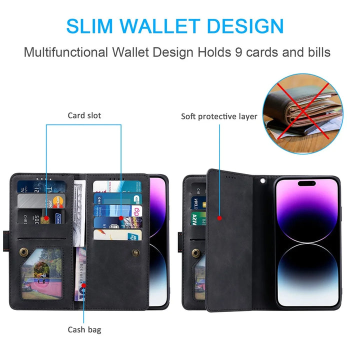 For iPhone 16 Plus Case Zipper Pocket 9 Card Slots PU Leather Phone Cover - Black - 6