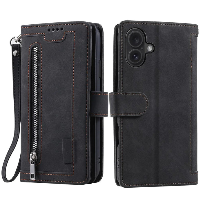For iPhone 16 Plus Case Zipper Pocket 9 Card Slots PU Leather Phone Cover - Black - 7