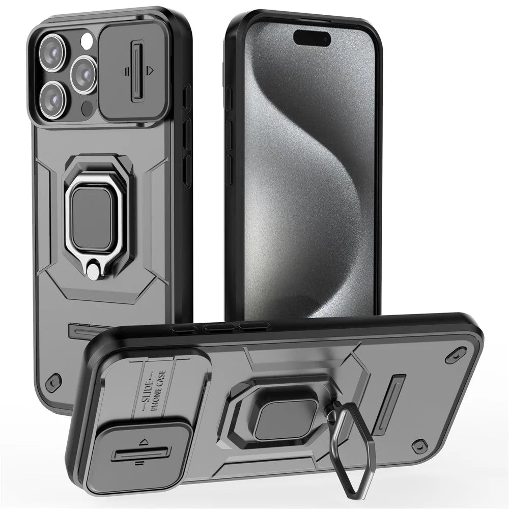 For iPhone 16 Pro Max Case Ring Kickstand Camshield PC+TPU Phone Cover - Black - 1
