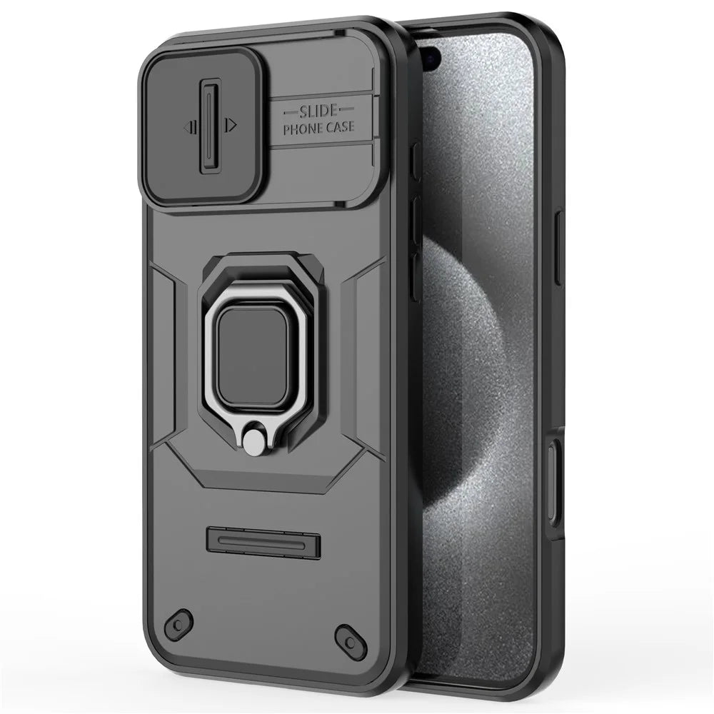For iPhone 16 Pro Max Case Ring Kickstand Camshield PC+TPU Phone Cover - Black - 3
