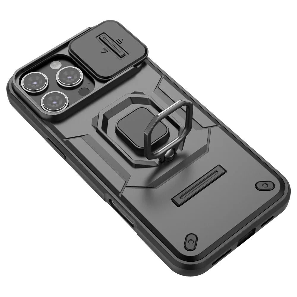 For iPhone 16 Pro Max Case Ring Kickstand Camshield PC+TPU Phone Cover - Black - 4