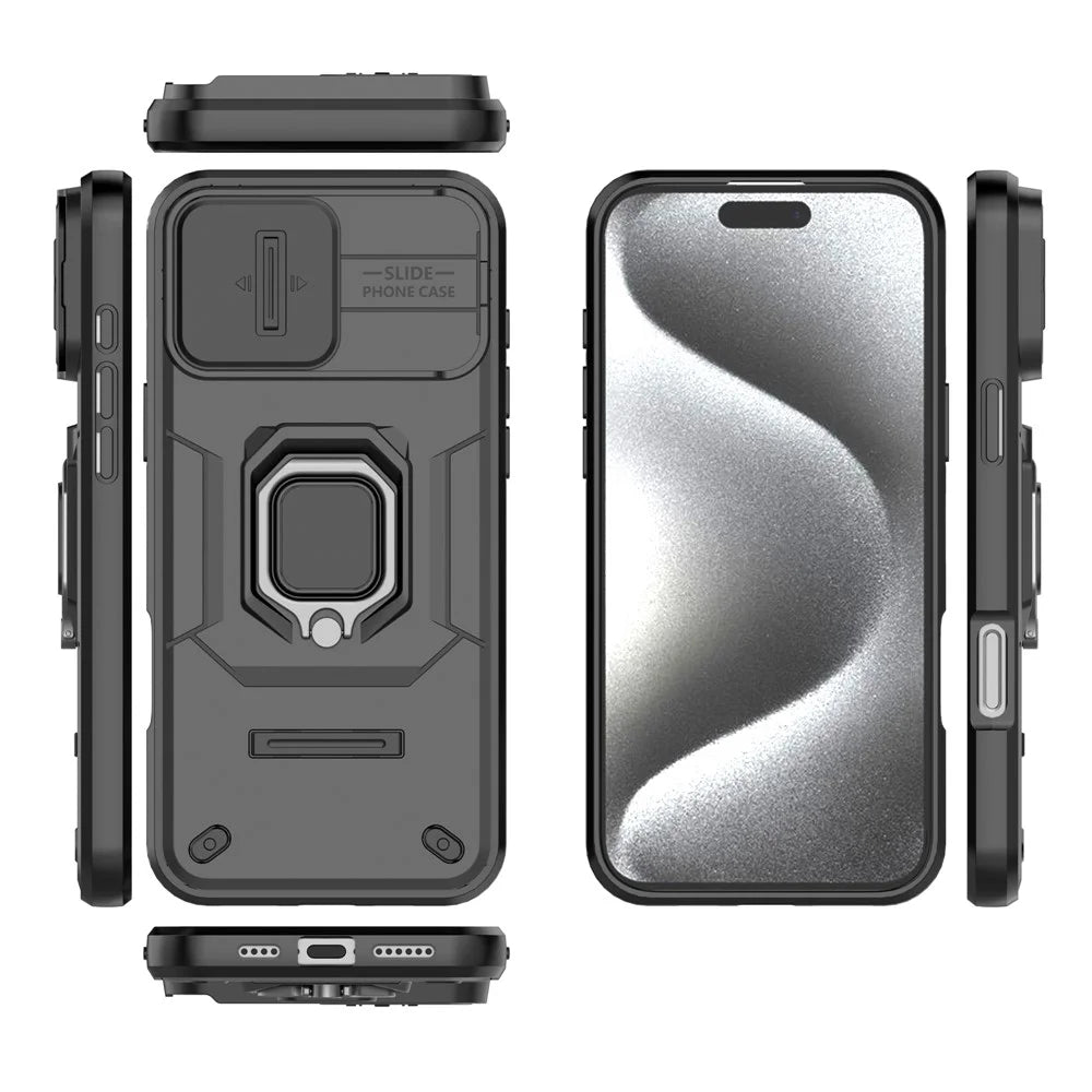 For iPhone 16 Pro Max Case Ring Kickstand Camshield PC+TPU Phone Cover - Black - 5