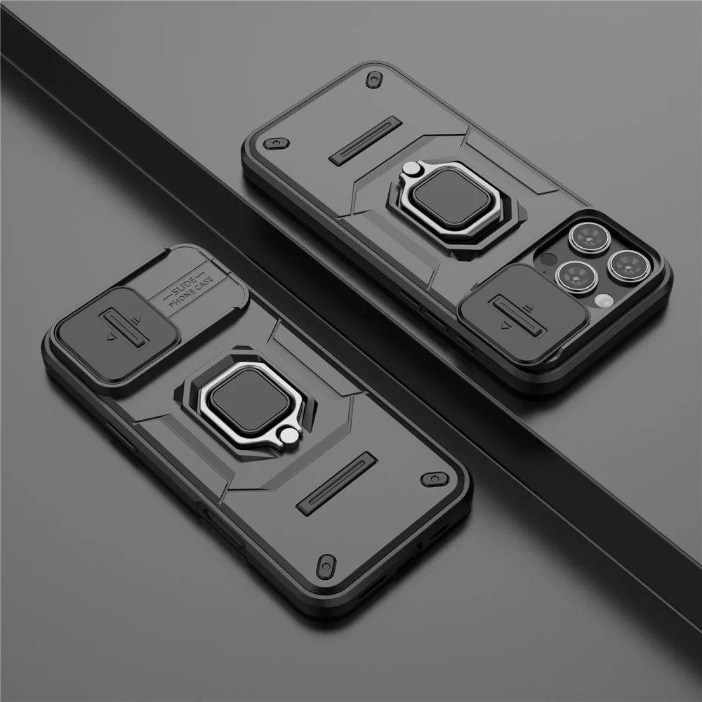 For iPhone 16 Pro Max Case Ring Kickstand Camshield PC+TPU Phone Cover - Black - 6