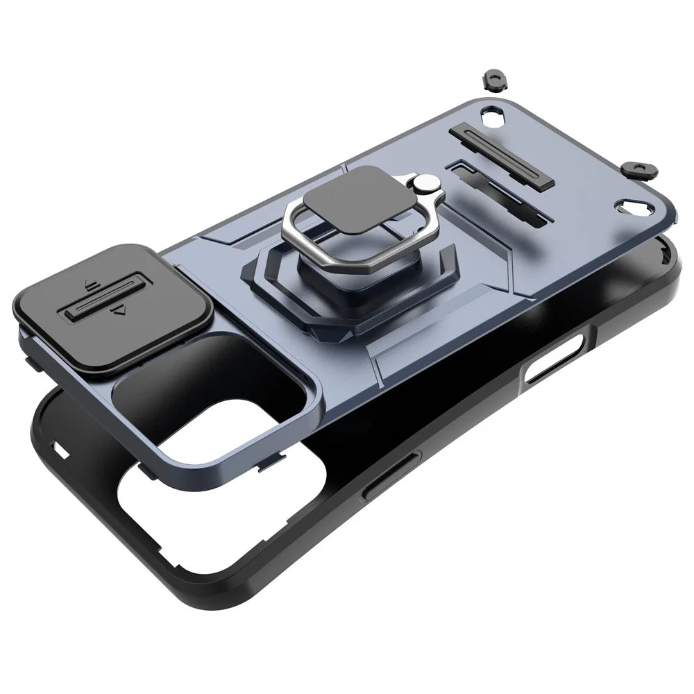 For iPhone 16 Pro Max Case Ring Kickstand Camshield PC+TPU Phone Cover - Black - 7