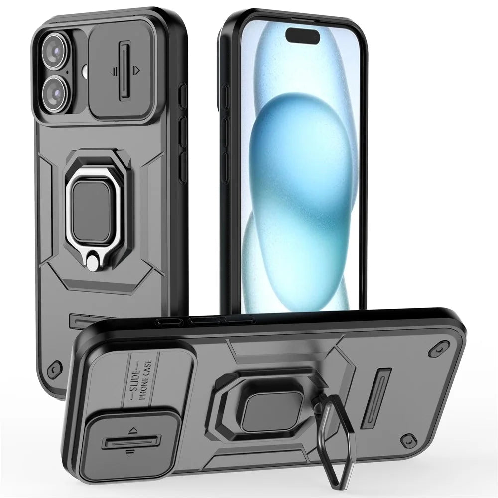 For iPhone 16 Plus Case PC+TPU Camshield Phone Cover with Ring Holder Kickstand - Black - 1