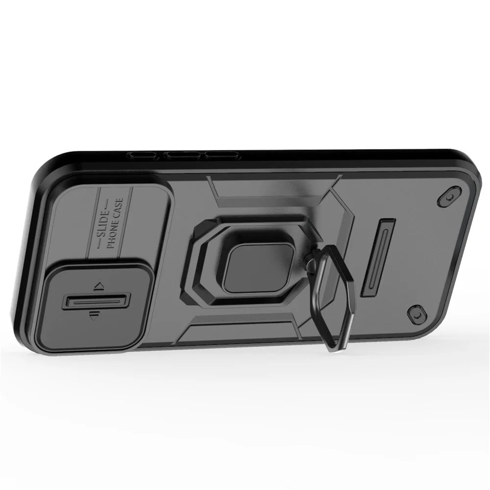 For iPhone 16 Plus Case PC+TPU Camshield Phone Cover with Ring Holder Kickstand - Black - 2
