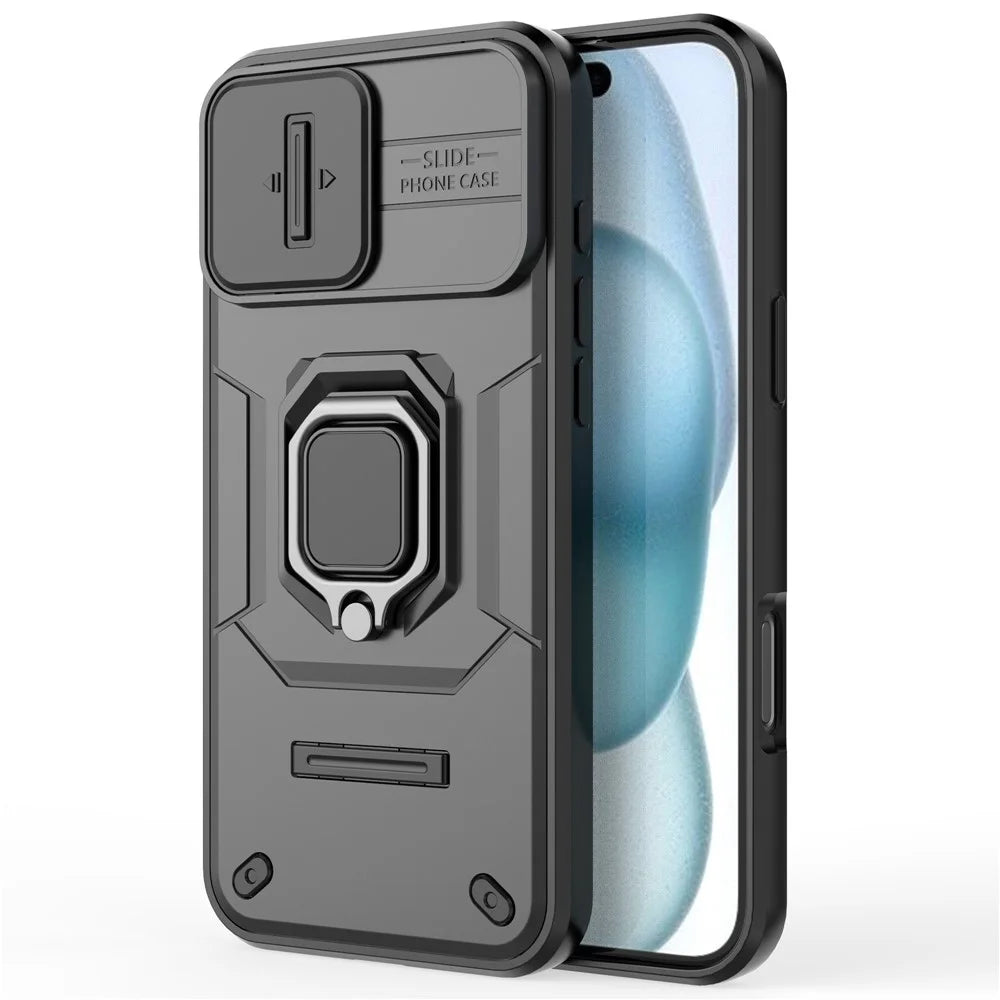 For iPhone 16 Plus Case PC+TPU Camshield Phone Cover with Ring Holder Kickstand - Black - 3