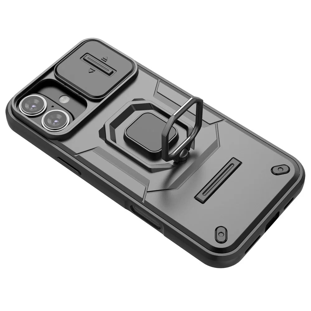 For iPhone 16 Plus Case PC+TPU Camshield Phone Cover with Ring Holder Kickstand - Black - 4