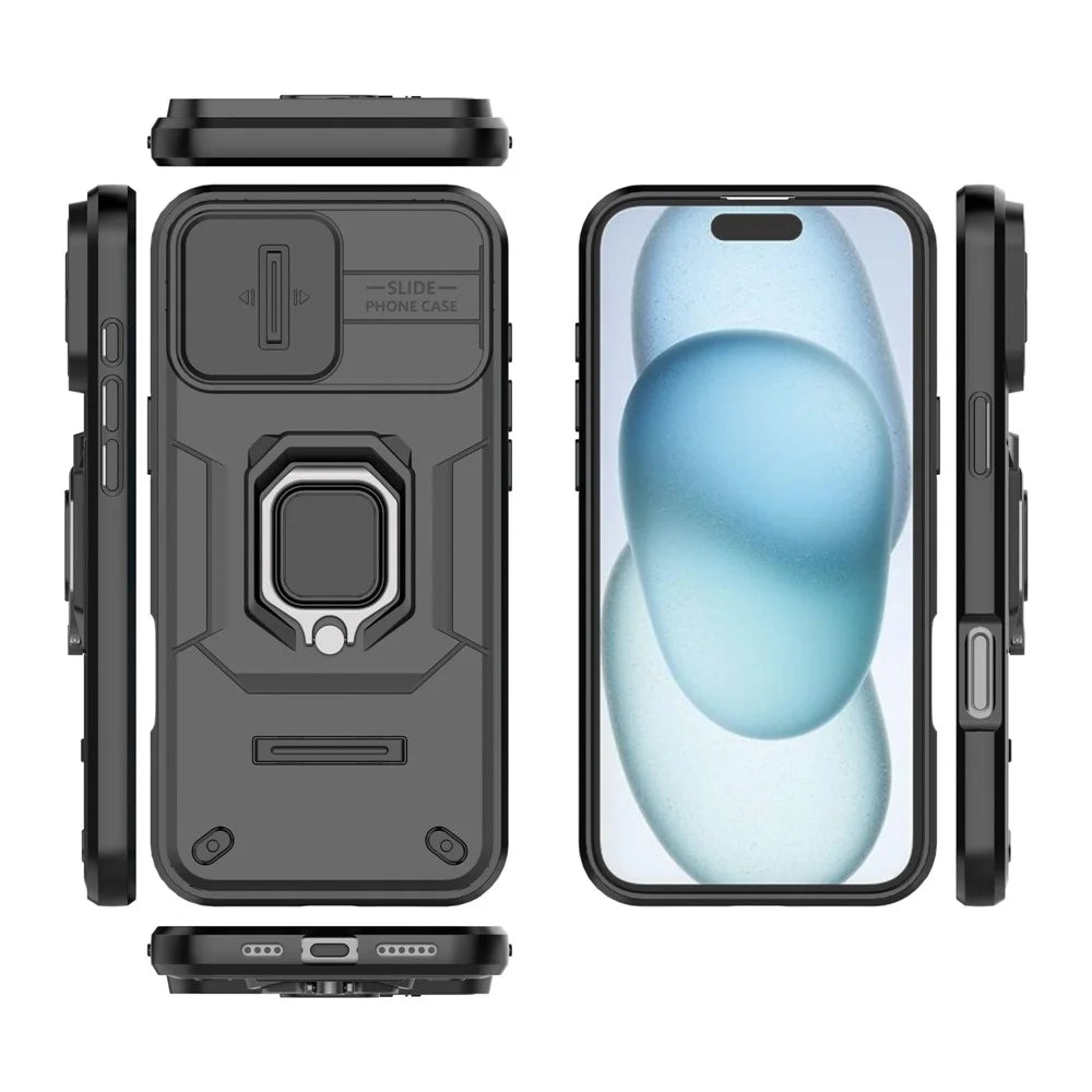 For iPhone 16 Plus Case PC+TPU Camshield Phone Cover with Ring Holder Kickstand - Black - 5