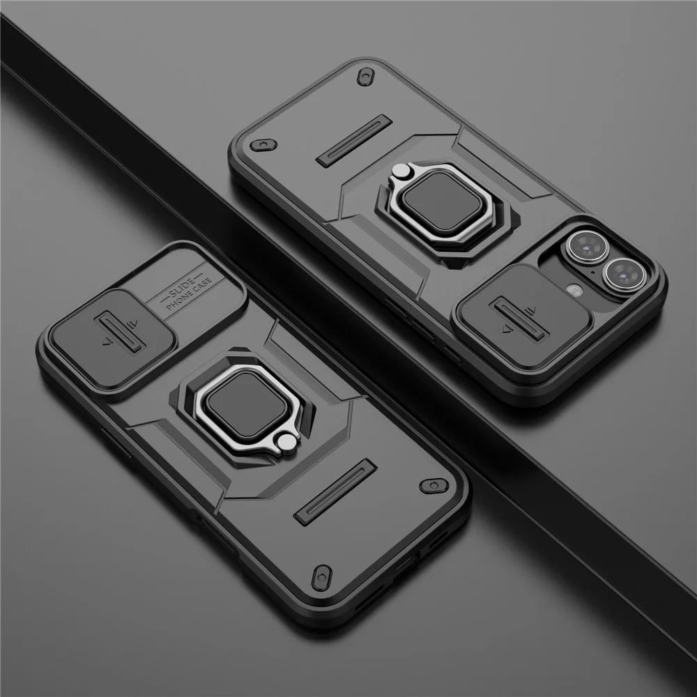 For iPhone 16 Plus Case PC+TPU Camshield Phone Cover with Ring Holder Kickstand - Black - 6