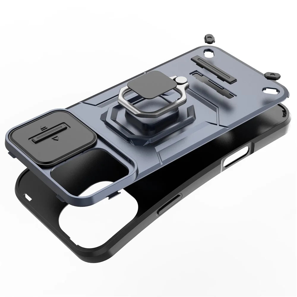 For iPhone 16 Plus Case PC+TPU Camshield Phone Cover with Ring Holder Kickstand - Black - 7