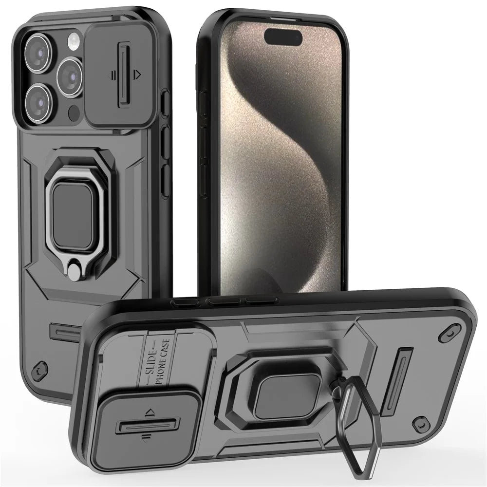 For iPhone 16 Pro Case Ring Kickstand Slide Lens Protection PC+TPU Phone Cover - Black - 1