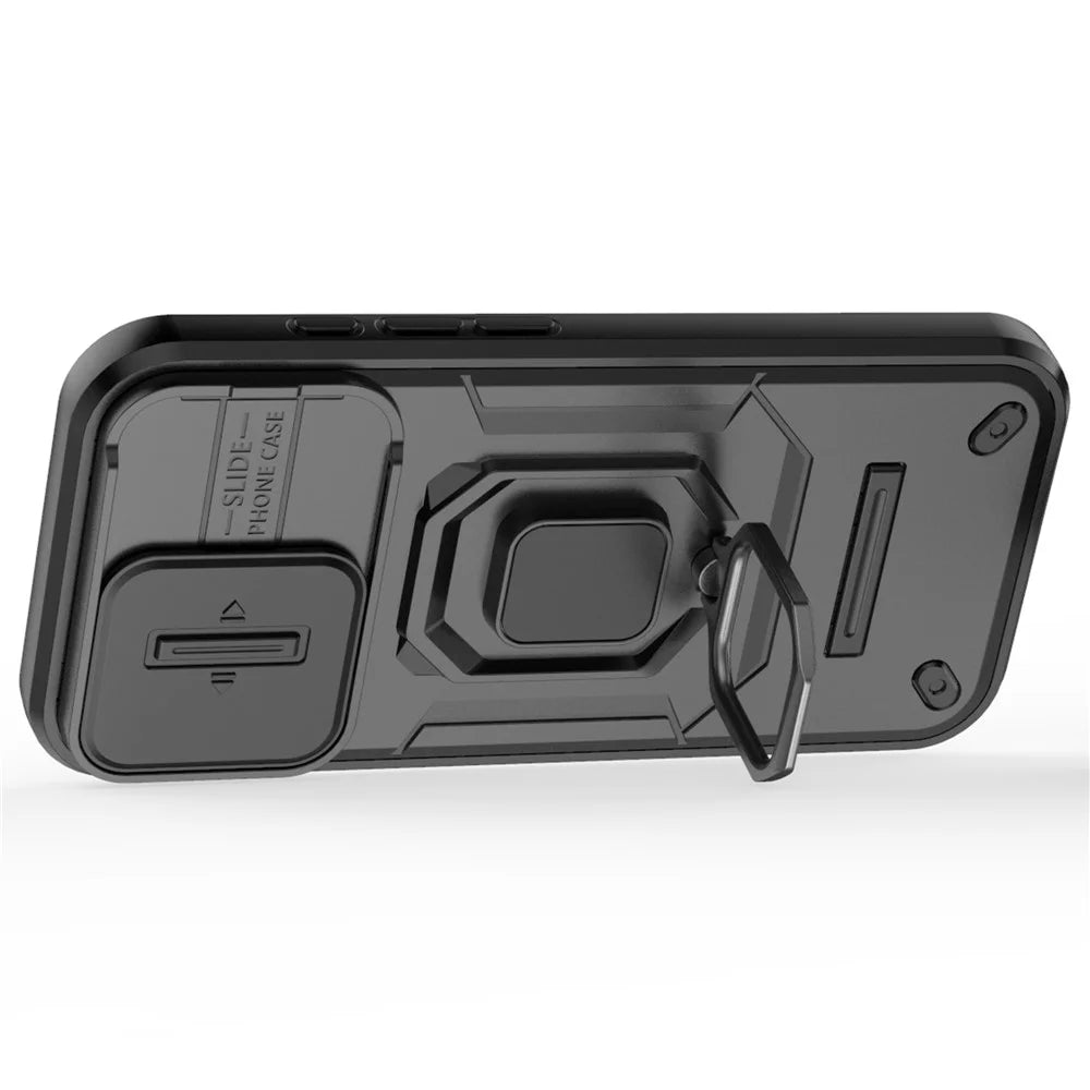 For iPhone 16 Pro Case Ring Kickstand Slide Lens Protection PC+TPU Phone Cover - Black - 2