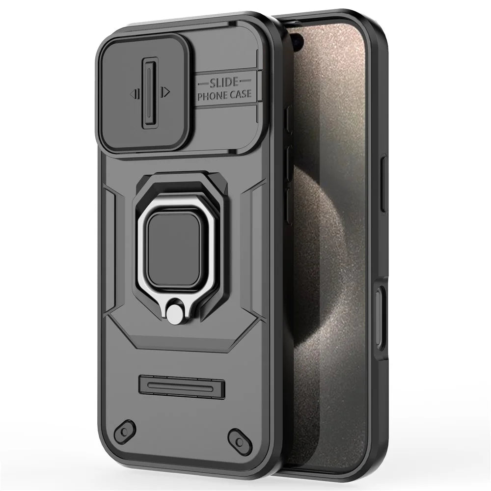 For iPhone 16 Pro Case Ring Kickstand Slide Lens Protection PC+TPU Phone Cover - Black - 3