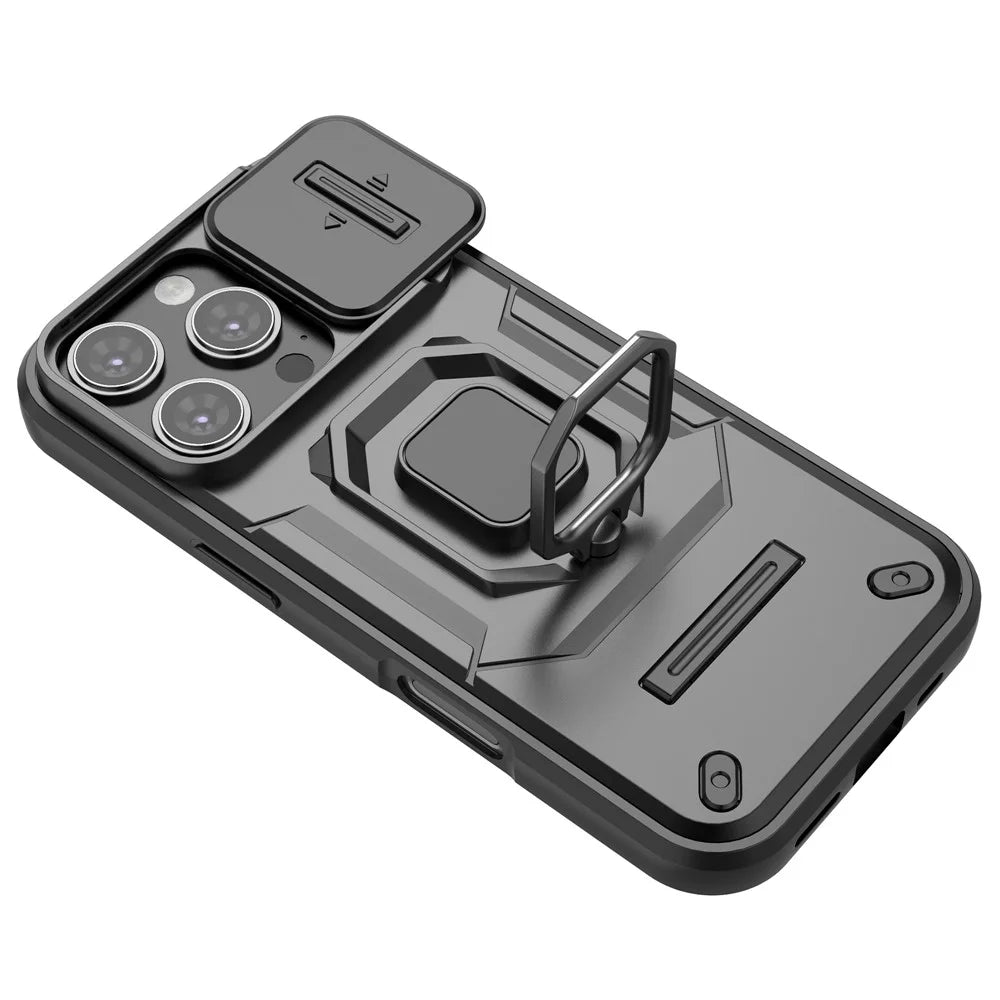 For iPhone 16 Pro Case Ring Kickstand Slide Lens Protection PC+TPU Phone Cover - Black - 4