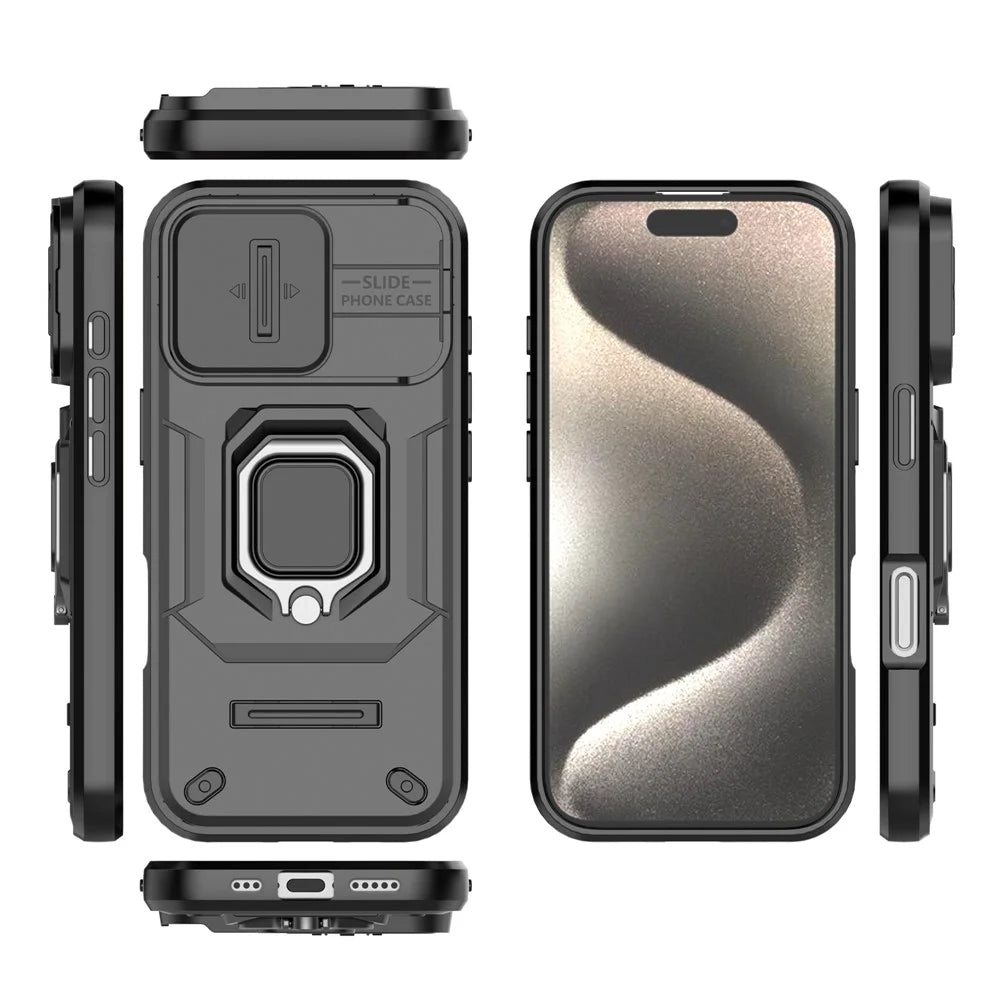 For iPhone 16 Pro Case Ring Kickstand Slide Lens Protection PC+TPU Phone Cover - Black - 5
