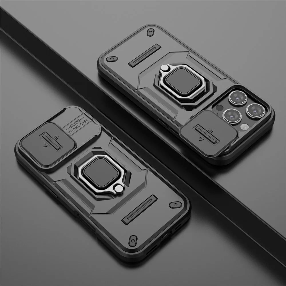 For iPhone 16 Pro Case Ring Kickstand Slide Lens Protection PC+TPU Phone Cover - Black - 6