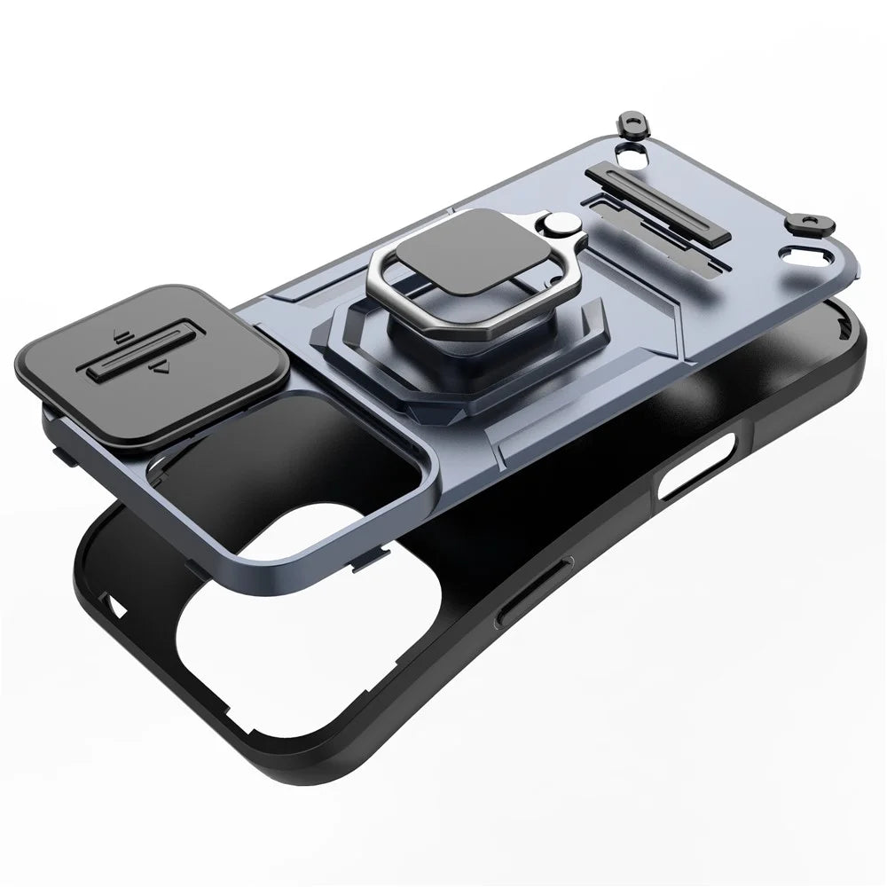 For iPhone 16 Pro Case Ring Kickstand Slide Lens Protection PC+TPU Phone Cover - Black - 7