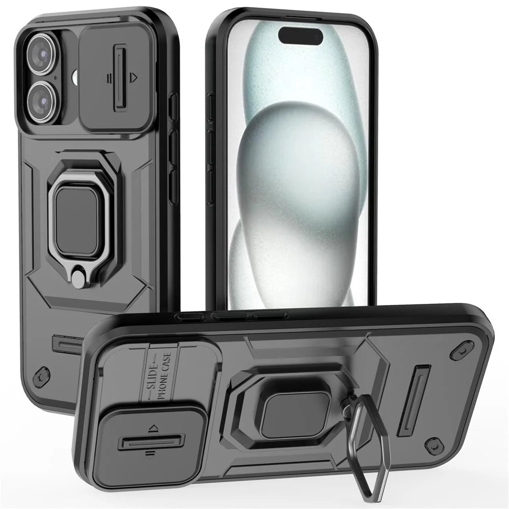 For iPhone 16 Case Ring Kickstand PC+TPU Phone Cover with Lens Shield - Black - 1