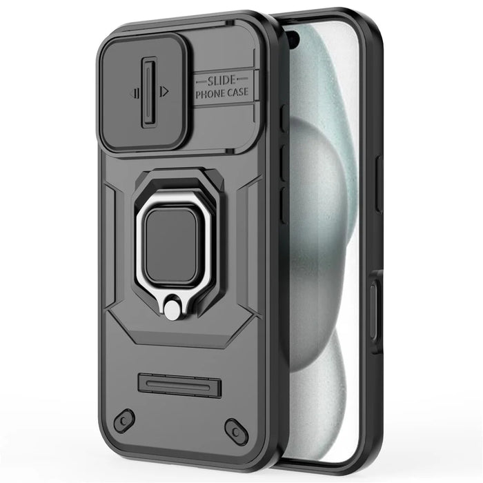For iPhone 16 Case Ring Kickstand PC+TPU Phone Cover with Lens Shield - Black - 3