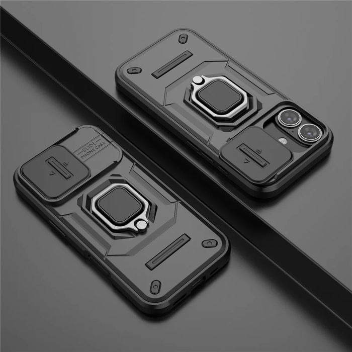 For iPhone 16 Case Ring Kickstand PC+TPU Phone Cover with Lens Shield - Black - 6