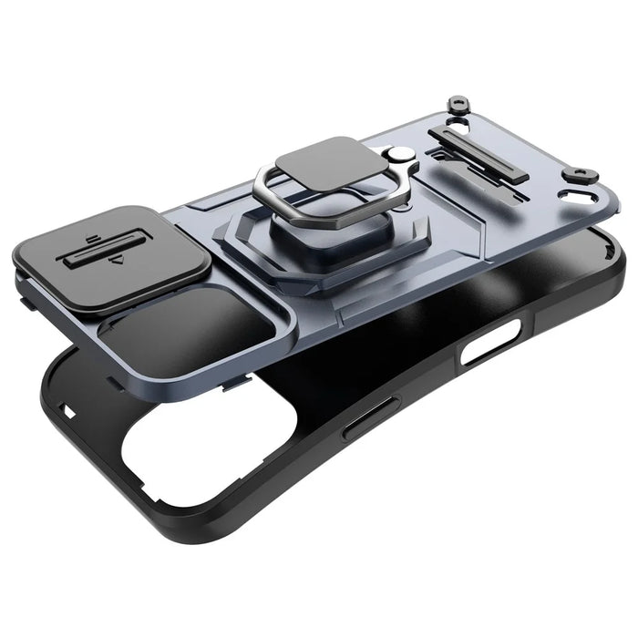 For iPhone 16 Case Ring Kickstand PC+TPU Phone Cover with Lens Shield - Black - 7