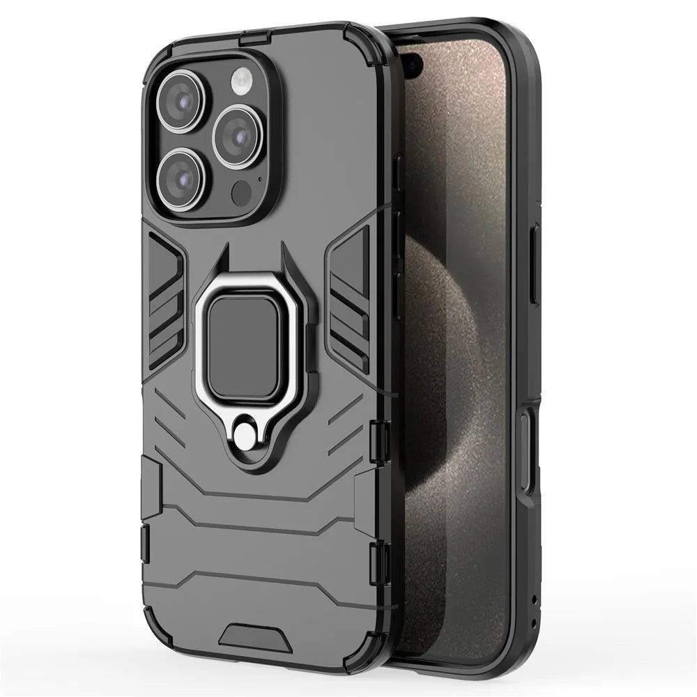 For iPhone 16 Pro Case PC+TPU Ring Kickstand Protective Phone Cover - Black - 1