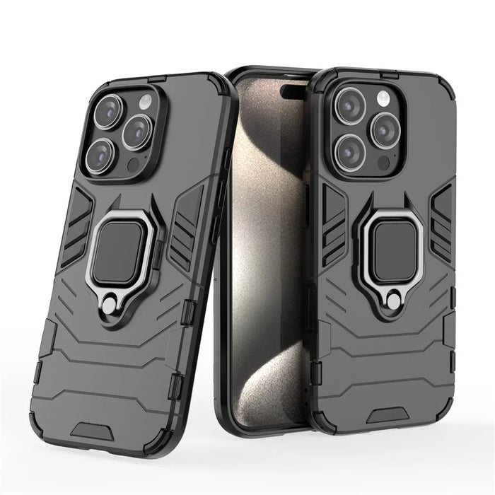 For iPhone 16 Pro Case PC+TPU Ring Kickstand Protective Phone Cover - Black - 2