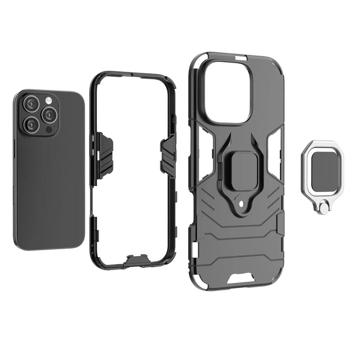 For iPhone 16 Pro Case PC+TPU Ring Kickstand Protective Phone Cover - Black - 3
