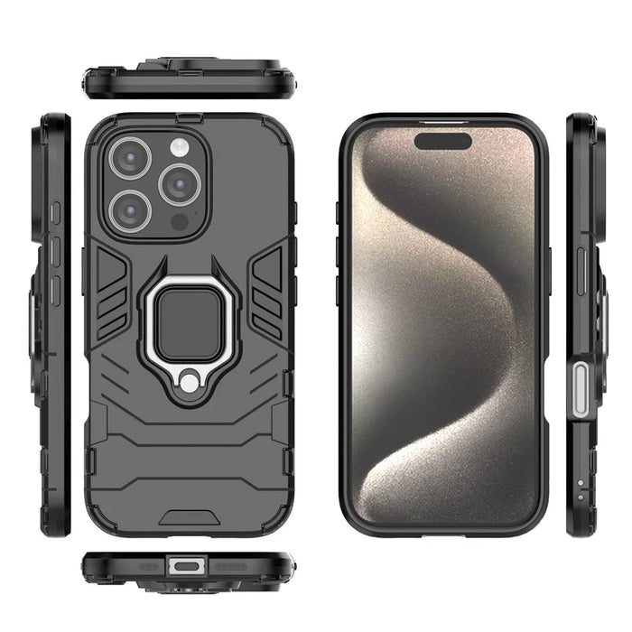 For iPhone 16 Pro Case PC+TPU Ring Kickstand Protective Phone Cover - Black - 5