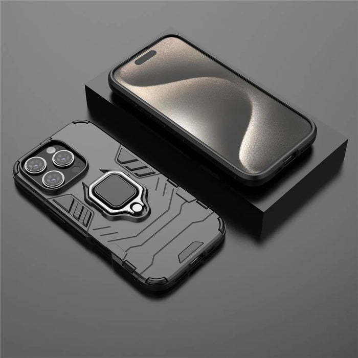 For iPhone 16 Pro Case PC+TPU Ring Kickstand Protective Phone Cover - Black - 6